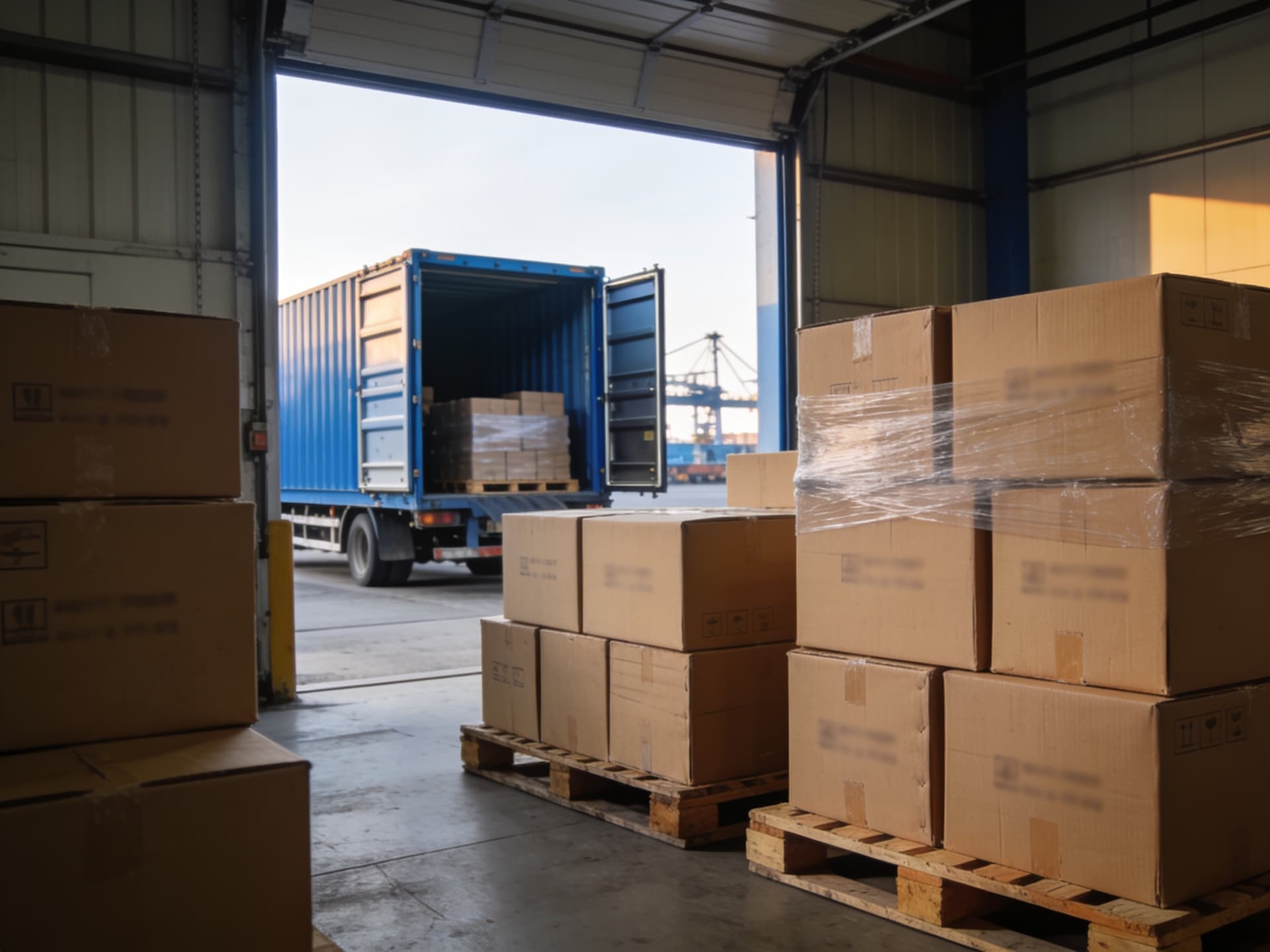 Export cartons on pallets being loaded into a shipping container