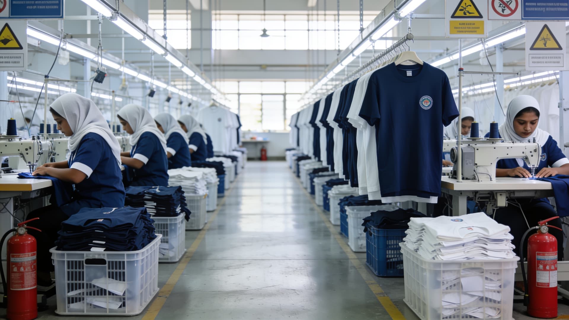 Sewing floor in a garment factory with rows of machines and finished navy and white t-shirts