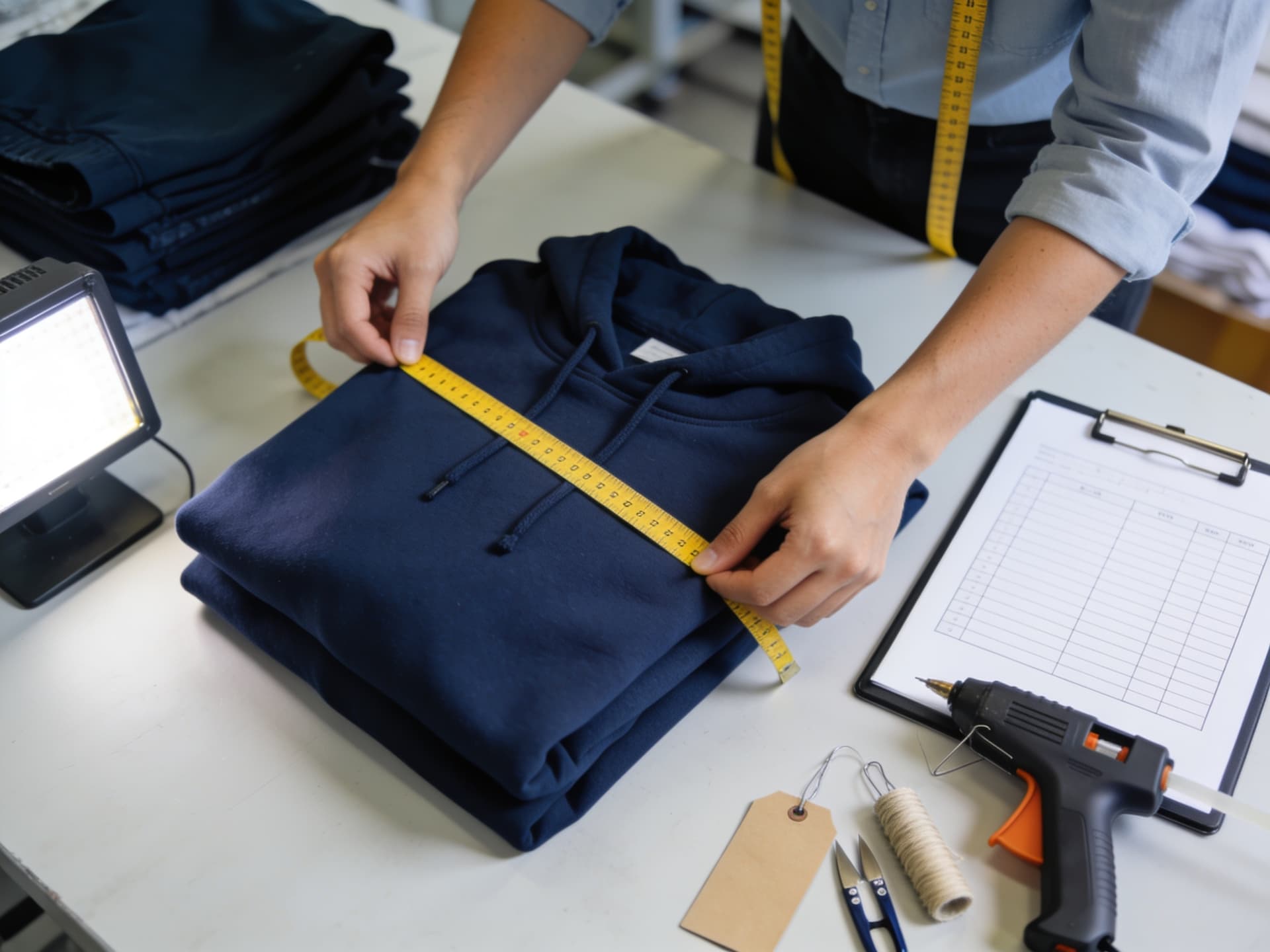 Quality inspector measuring a navy hoodie against a measurement chart