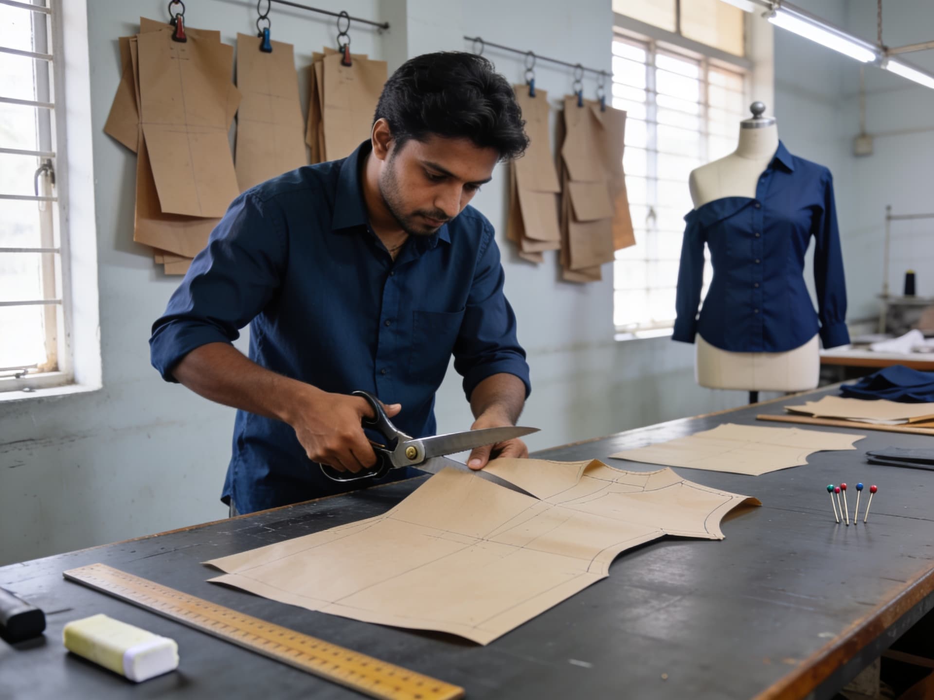 Pattern maker cutting a paper pattern in a sample room